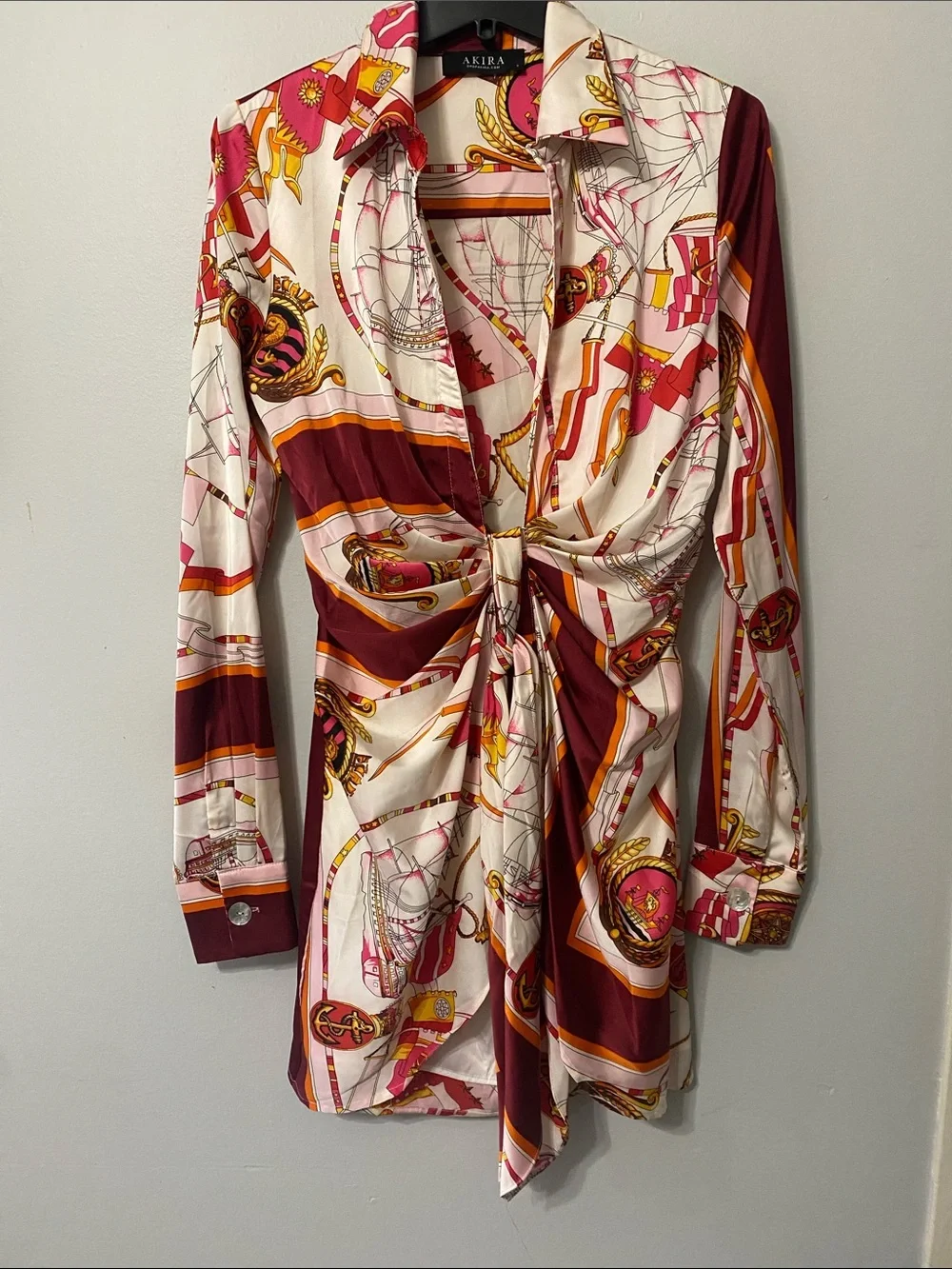 AKIRA Burgundy, Pink & White Twist-Front Long Sleeve Silky Dress Small